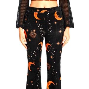 Star Moon Sun Celestial Print Velvet Flare Pants NWT